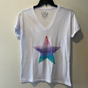 Chaser brand White top T-shirt shirt women’s with rainbow star print, size small